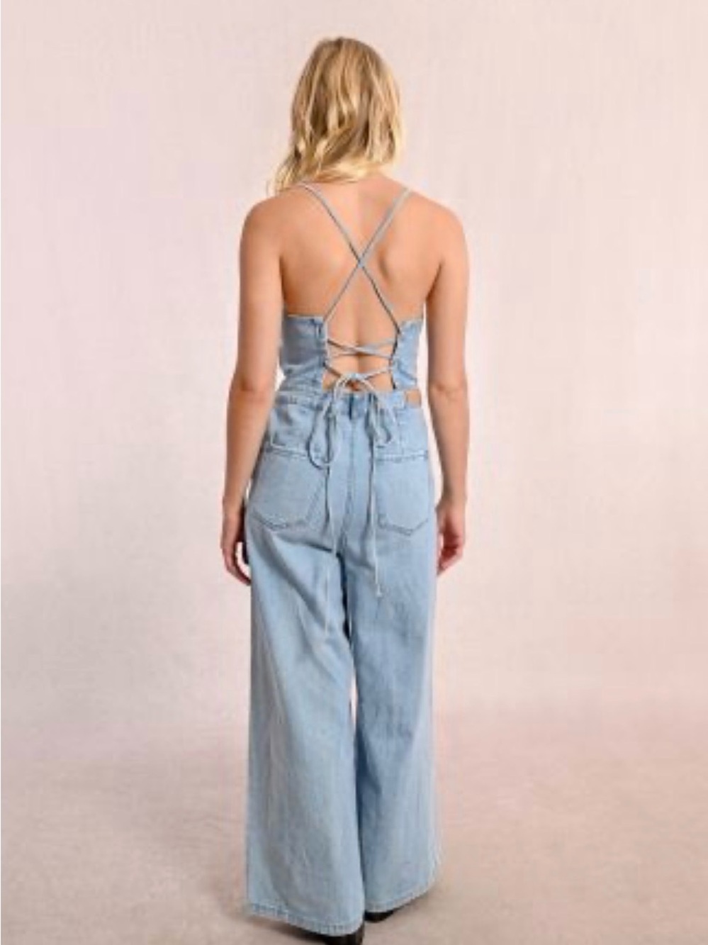 NWT Molly Bracken Light Blue Denim Jumpsuit With Thin Straps Wide Leg Sz L - Picture 4 of 13